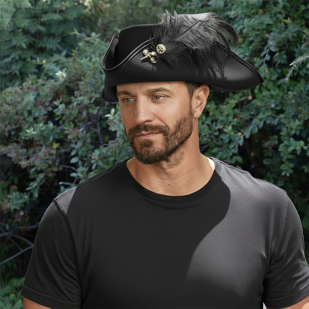 Barbossa | Mens Black Leather Tricorn Hat with Feather Plume