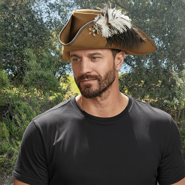 Barbossa | Mens Brown Leather Tricorn Hat with Feather Plume