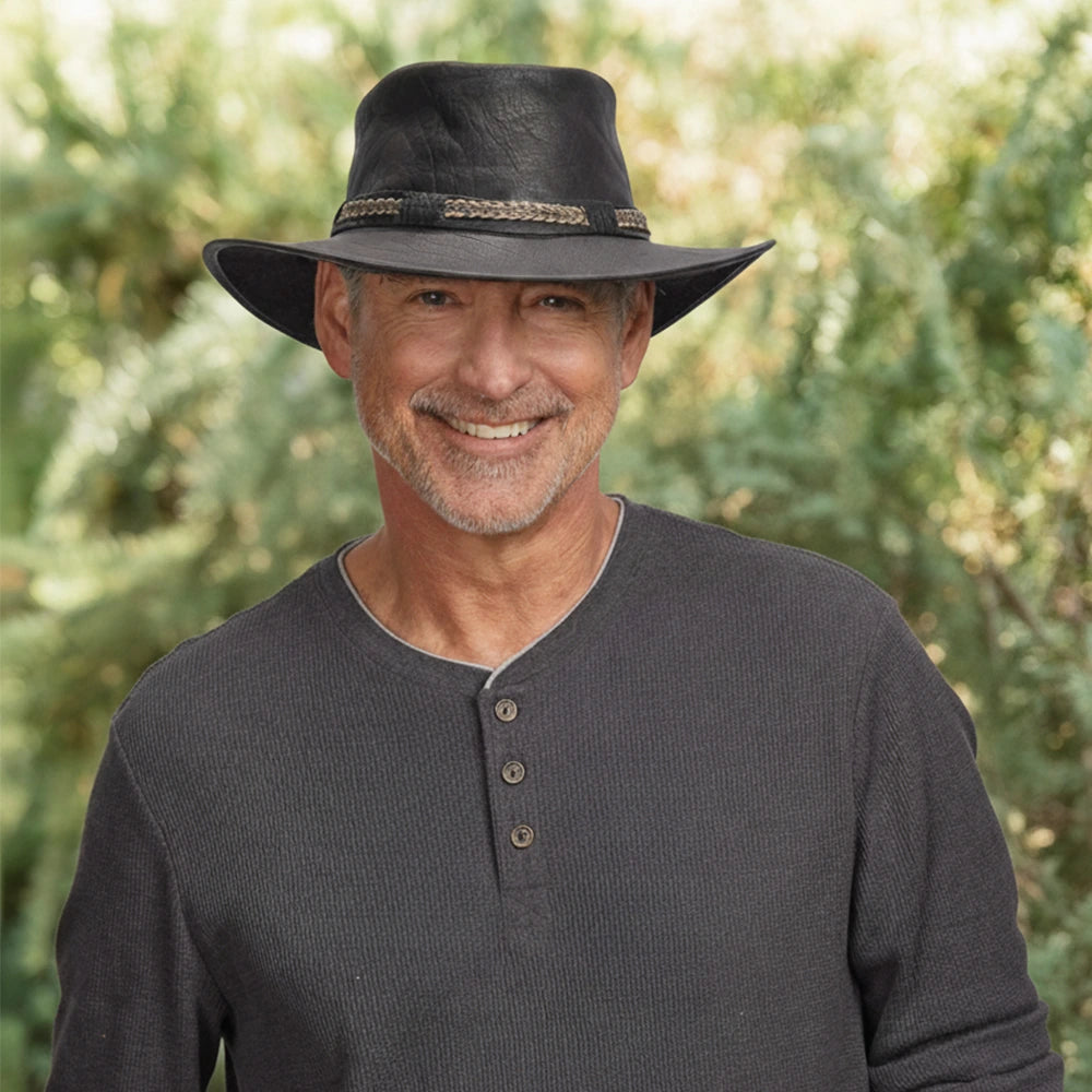 Bison | Mens Black Bison Leather Packable Outback Hat