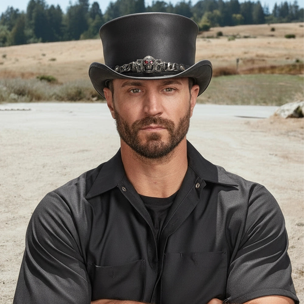 Man wearing a black top hat with a decorative band in an outdoor setting