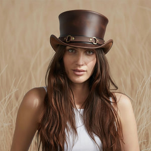 Woman wearing a brown leather top hat against a beige background