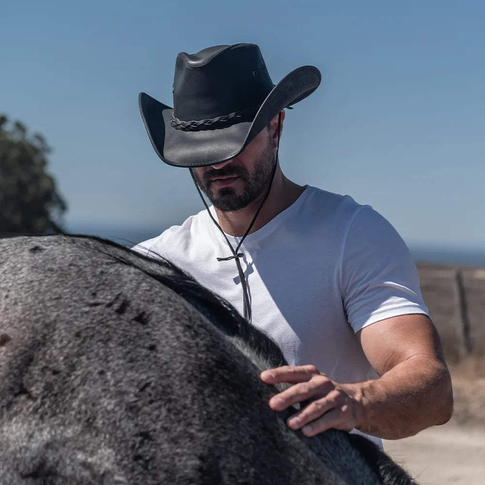 Hollywood | Mens Black Leather Cowboy Hat