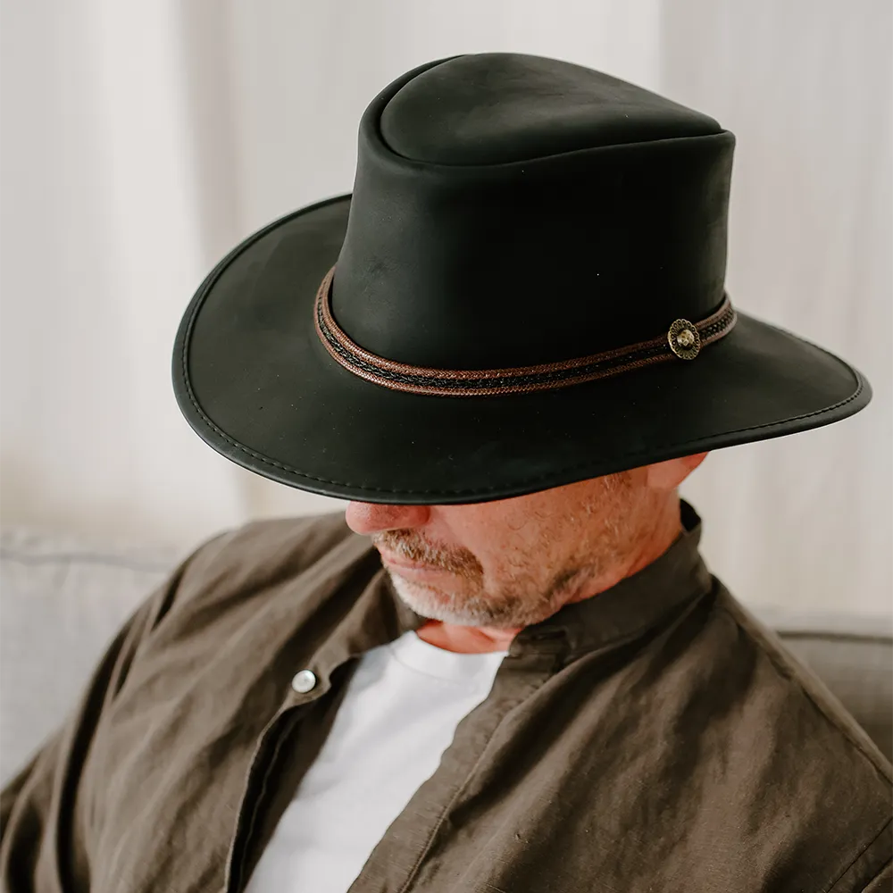 Midnight Rider | Mens Black Leather Outback Hat