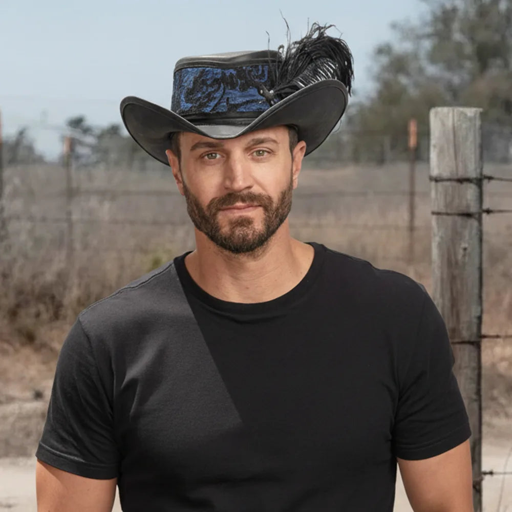 Reversible Ren | Mens Black Leather Festival Hat with Blue & Purple Hat Band