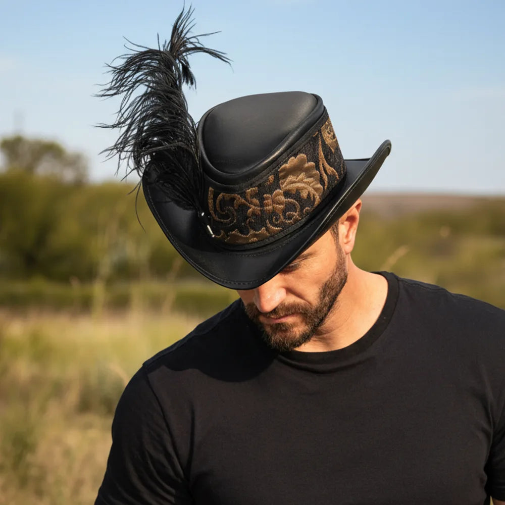Reversible Ren | Mens Black Leather Festival Hat with Green & Gold Hat Band