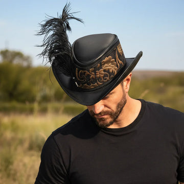 Reversible Ren | Mens Black Leather Festival Hat with Green & Gold Hat Band