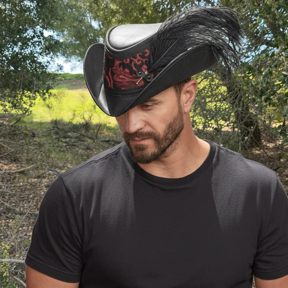 Reversible Ren | Mens Black Leather Festival Hat with Red & Silver Hat Band