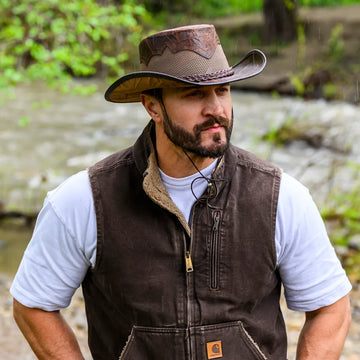 Stampede | Mens Brown Crunch Cowhide Leather Cowboy Hat with Mesh Sides
