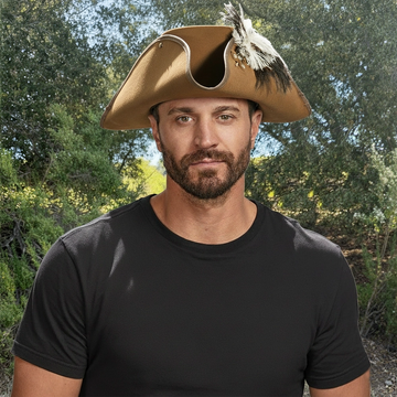 Barbossa | Mens Brown Leather Tricorn Hat with Feather Plume