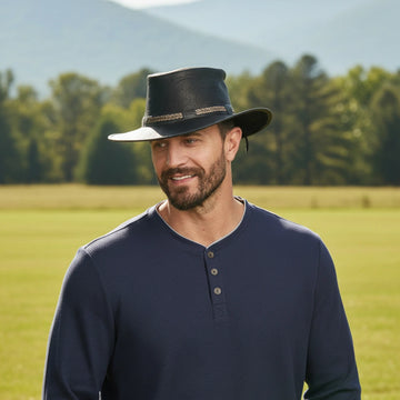 Bison | Mens Black Bison Leather Packable Outback Hat