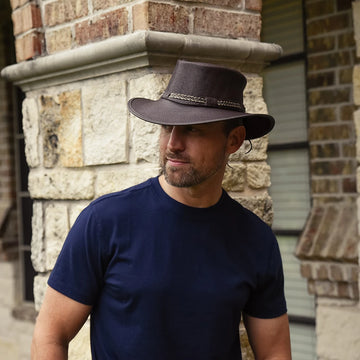 Bison | Mens Brown Bison Leather Packable Outback Hat