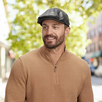 Bookie | Mens Black Leather Flat Cap