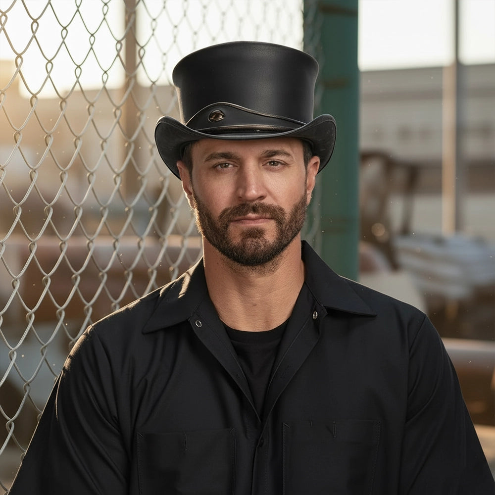 Man wearing a black top hat and black shirt in front of a chain-link fence.