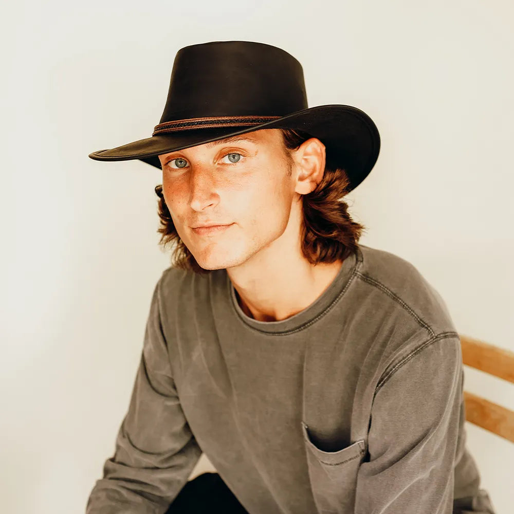 Midnight Rider | Mens Black Leather Outback Hat