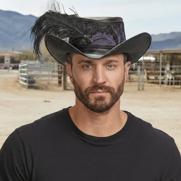 Reversible Ren | Mens Black Leather Festival Hat with Blue & Purple Hat Band
