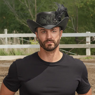 Reversible Ren | Mens Black Leather Festival Hat with Green & Gold Hat Band