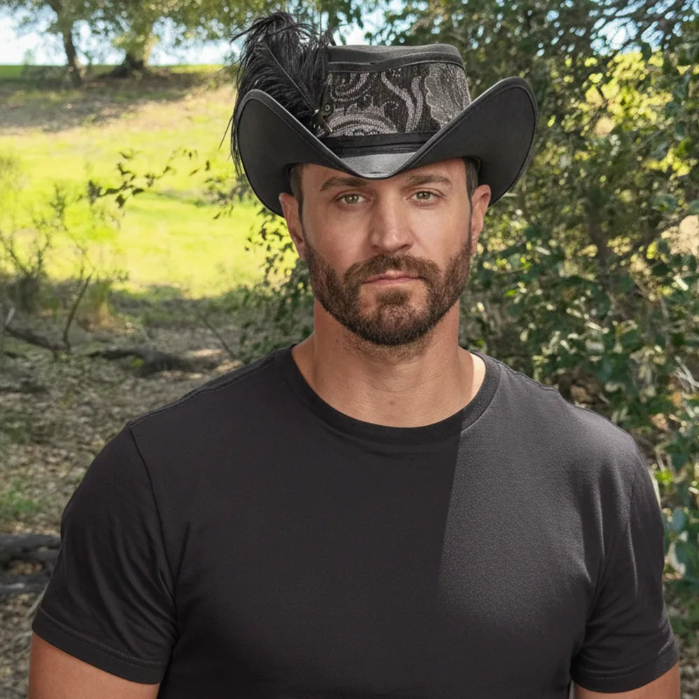 Reversible Ren | Mens Black Leather Festival Hat with Red & Silver Hat Band