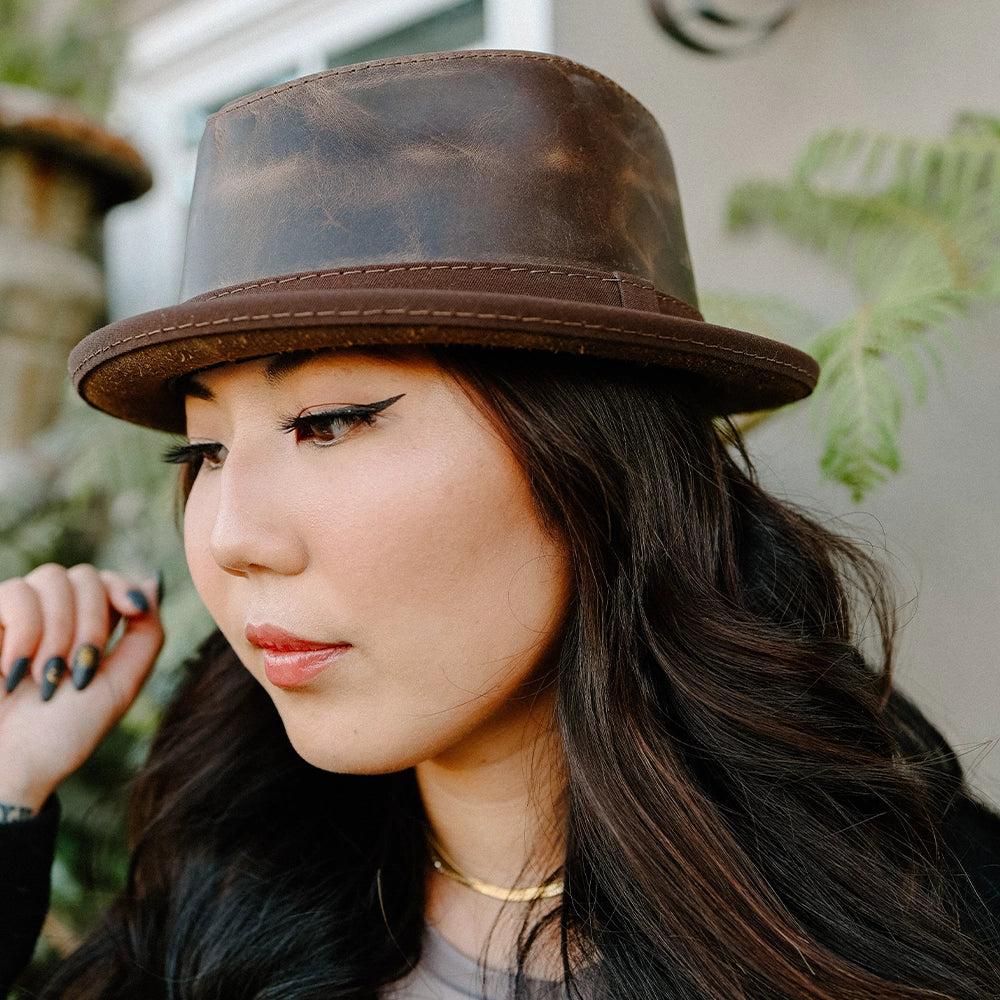 Soho | Womens Chocolate Trilby Leather Fedora Hat