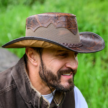 Stampede | Mens Brown Crunch Cowhide Leather Cowboy Hat with Mesh Sides