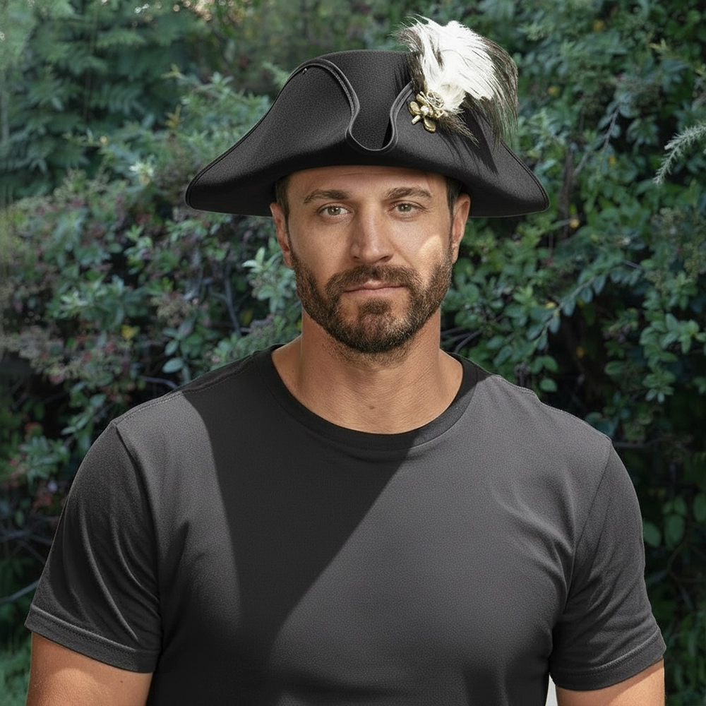 Barbossa | Mens Black Leather Tricorn Hat with Feather Plume