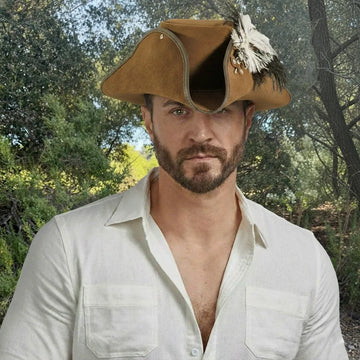 Barbossa | Mens Brown Leather Tricorn Hat with Feather Plume