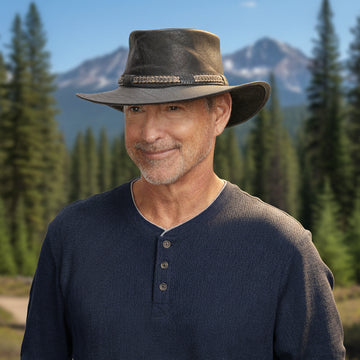 Bison | Mens Black Bison Leather Packable Outback Hat