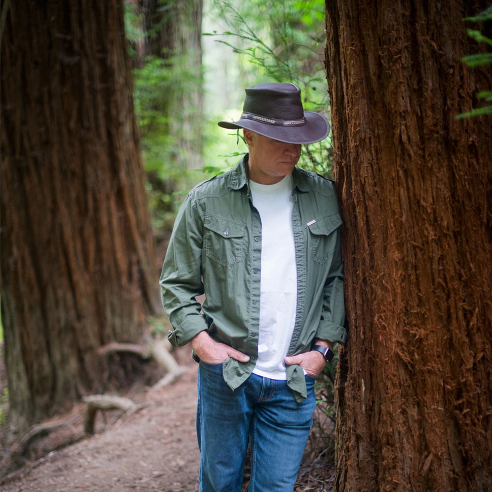 Bison | Mens Brown Bison Leather Packable Outback Hat