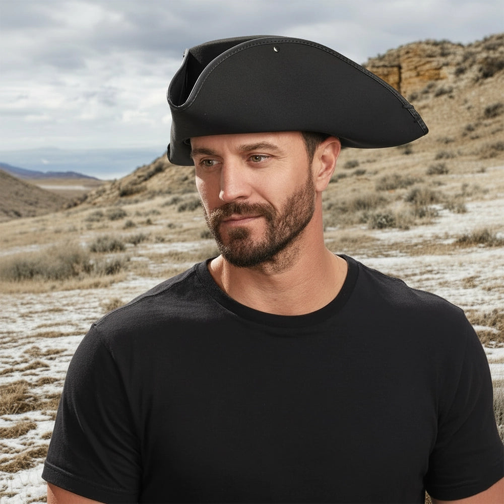 Blackbeard | Mens Black Tricorne Leather Pirate Hat