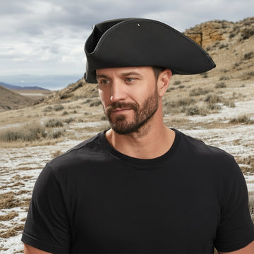 Blackbeard | Mens Black Tricorne Leather Pirate Hat