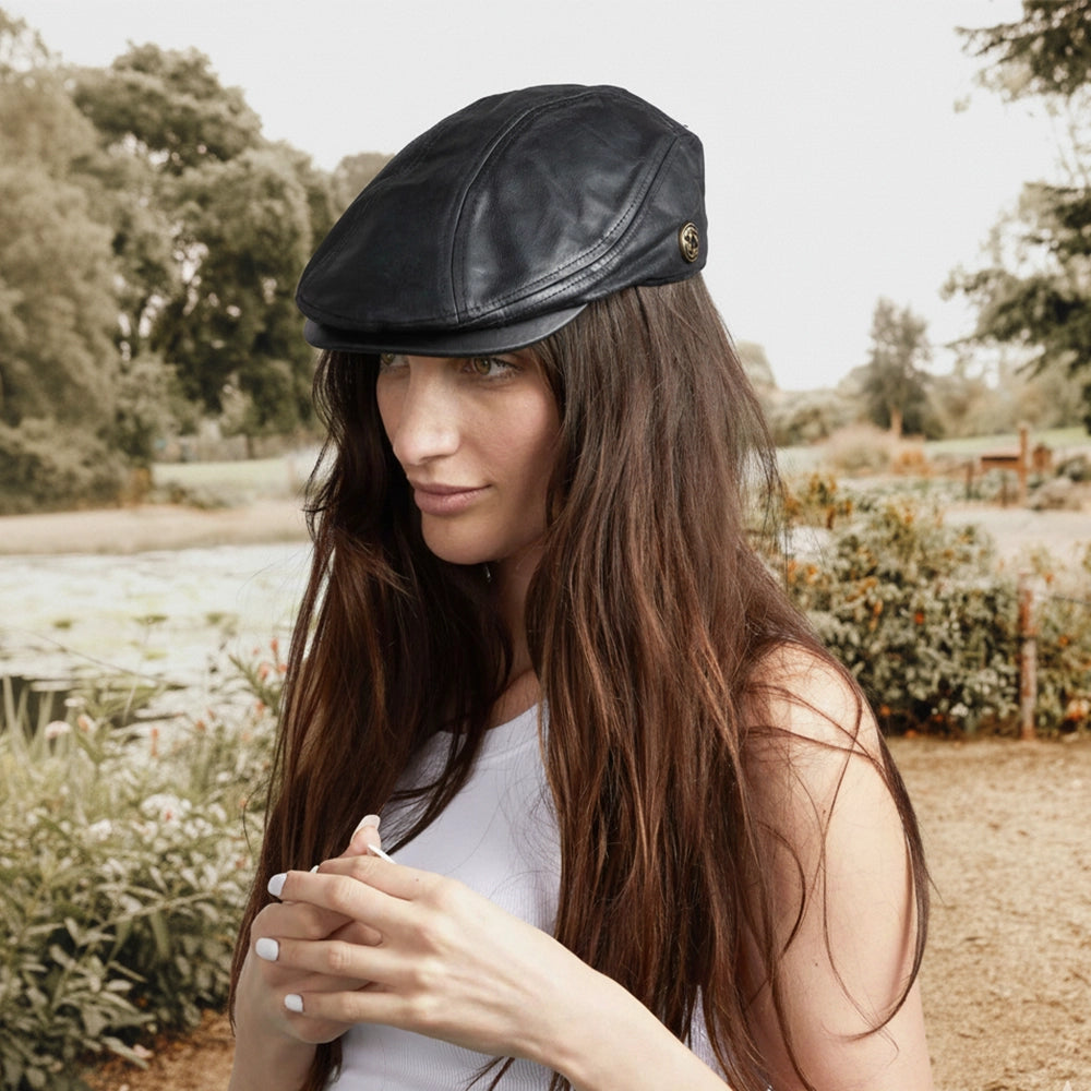 Bookie | Womens Black Leather Flat Cap