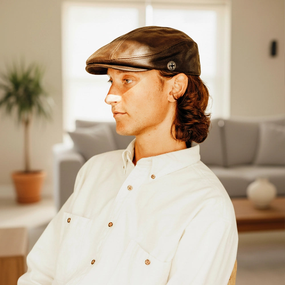 Bookie | Mens Brown Leather Flat Cap