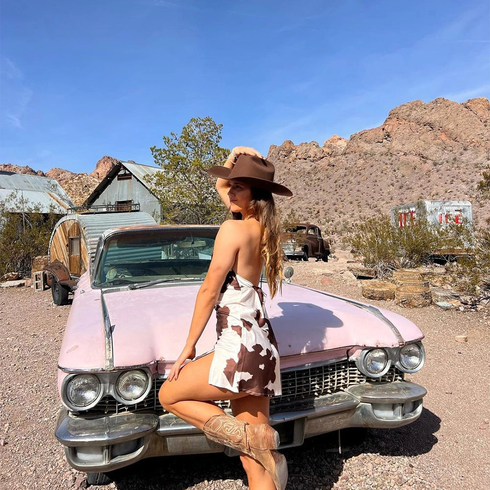 Woman in a cowboy hat and dress posing on an old pink car in a desert setting