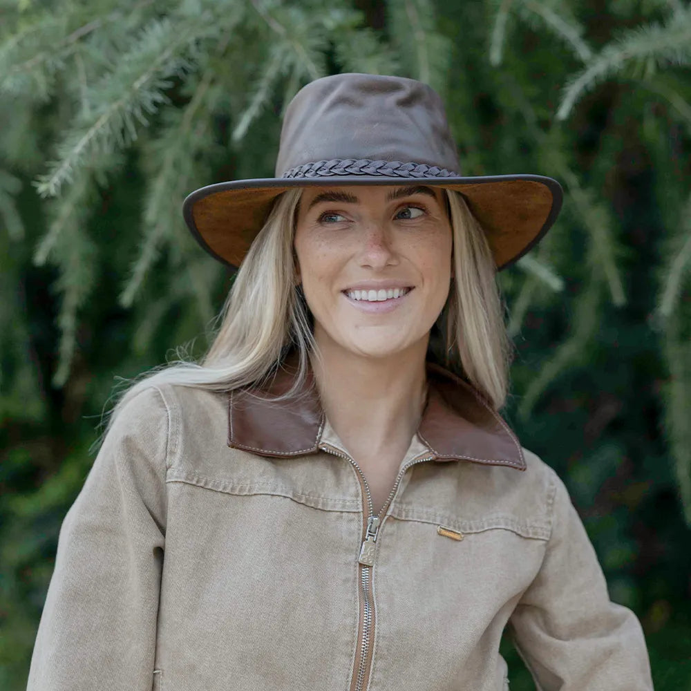Crusher | Womens Bomber Brown Leather Crushable Outback Hat