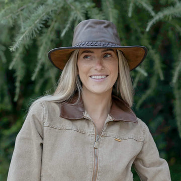 Crusher | Womens Bomber Brown Leather Crushable Outback Hat