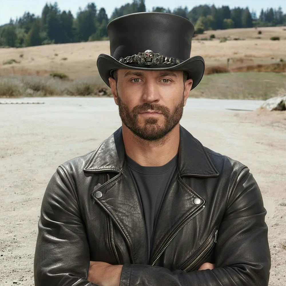 Man wearing a black leather jacket and hat in an open field