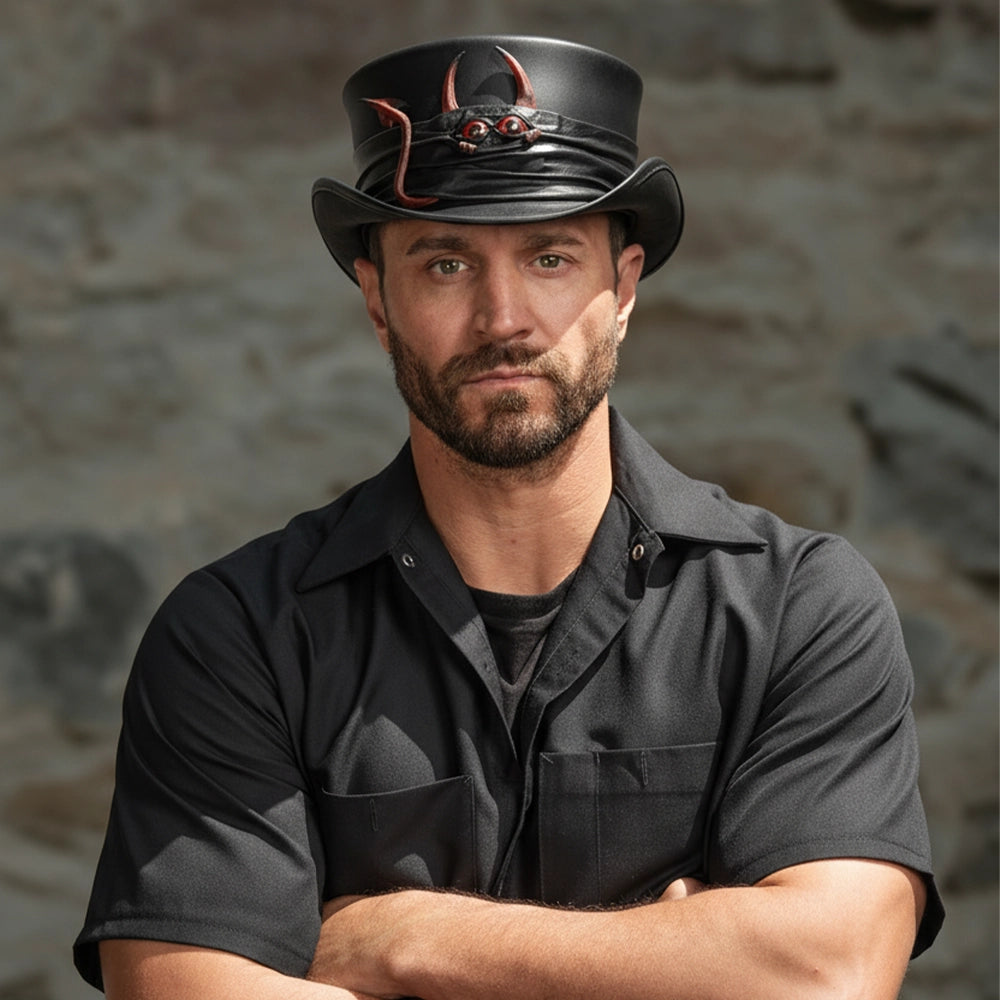 Man wearing a black leather hat with red accents against a stone wall background
