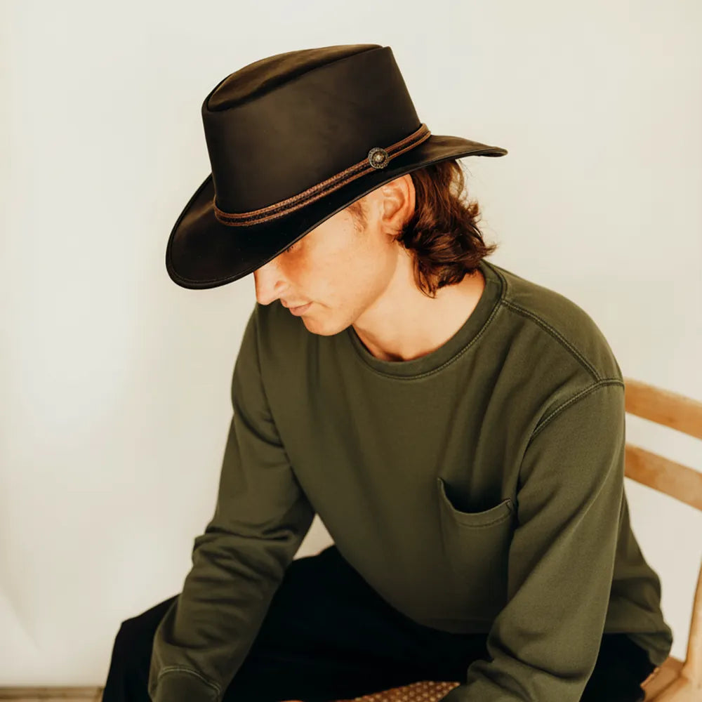 Midnight Rider | Mens Black Leather Outback Hat