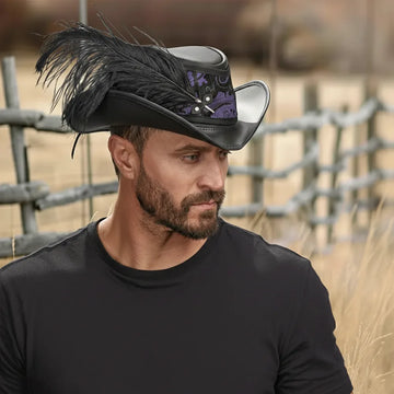 Reversible Ren | Mens Black Leather Festival Hat with Blue & Purple Hat Band