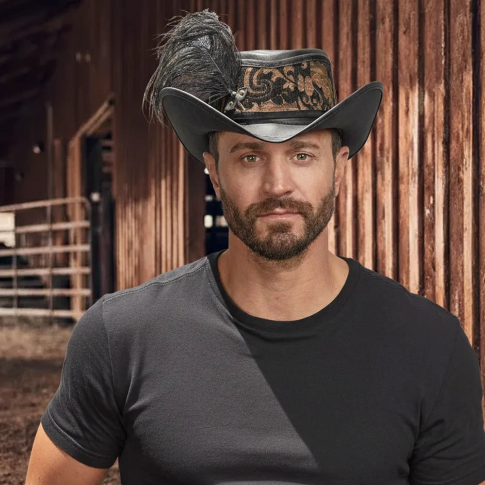 Reversible Ren | Mens Black Leather Festival Hat with Green & Gold Hat Band