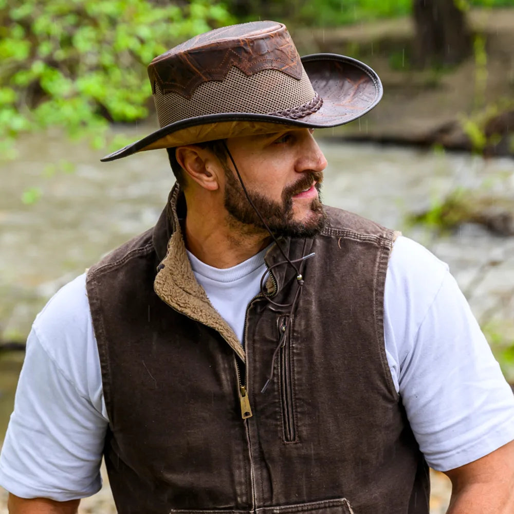 Stampede | Mens Brown Crunch Cowhide Leather Cowboy Hat with Mesh Sides