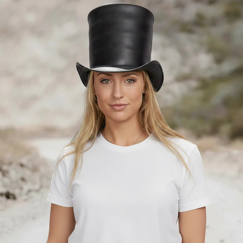 Woman wearing a black top hat against a blurred natural background