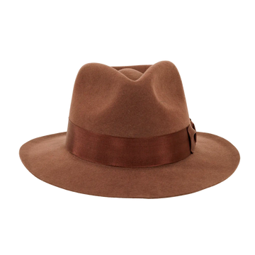 A front view of an adventure brown fedora hat