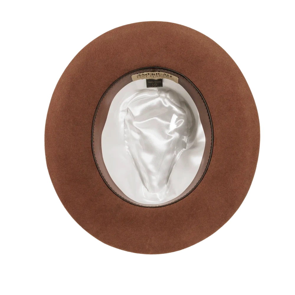 A bottom view of a adventure brown fedora hat 