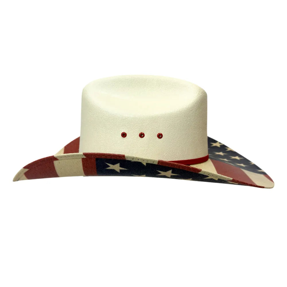 A cowboy hat with a solid off-white crown and a brim featuring an American flag pattern with red, white, and blue stars and stripes.