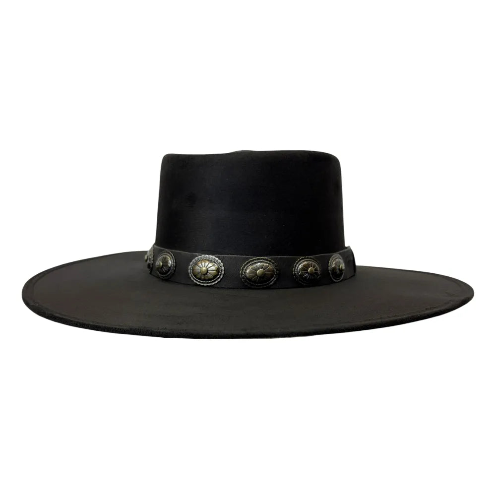 A black wide-brimmed cowboy hat with a black band decorated with silver-toned conchos and oval medallions, shown against a plain white background.