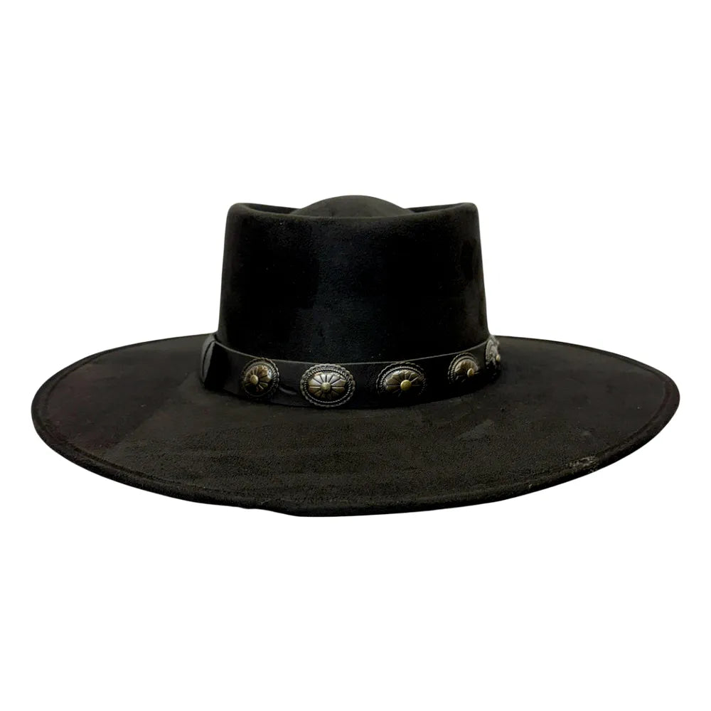 A black wide-brimmed cowboy hat with a black band decorated with silver-toned conchos, shown against a plain white background.