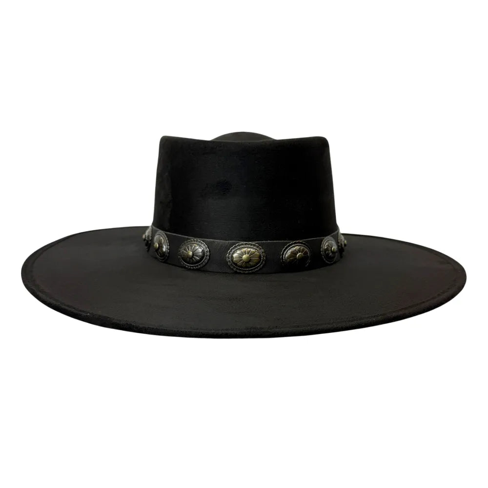 A black wide-brimmed cowboy hat with a decorative band featuring silver and gold-toned conchos, shown against a plain white background.