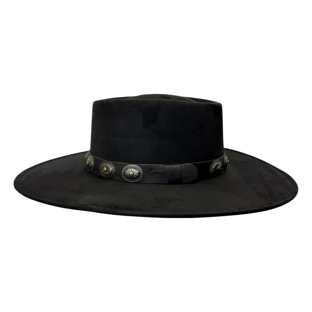 A black wide-brim fedora hat with a black ribbon band decorated with silver-toned conchos and a black feather accent, shown against a plain white background.