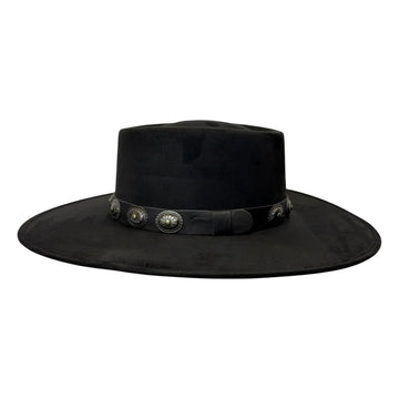 A black wide-brim fedora hat with a black ribbon band decorated with silver-toned conchos and a black feather accent, shown against a plain white background.