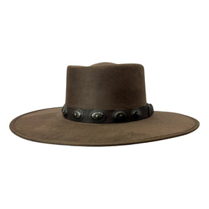 A brown wide-brim fedora hat with a black band decorated with silver-toned conchos, shown against a plain white background.